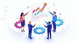A 3Dstyle isometric illustration showing three business professionals from marketing sales and customer success departments each wearing a different color to represent their role They stand in a semicircle and reach their hands toward the center touc